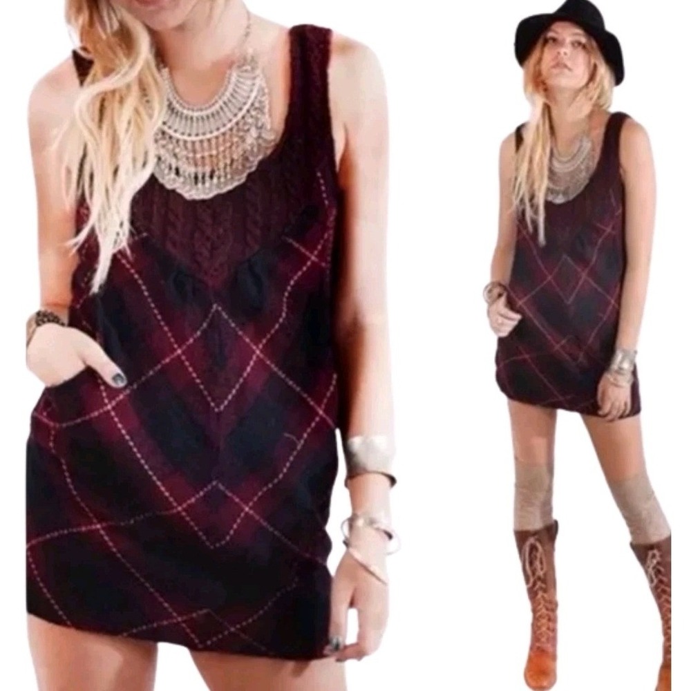 Free People Parker Wool Plaid Schoolgirl Mini Dress Sweater Tunic 12 Burgundy